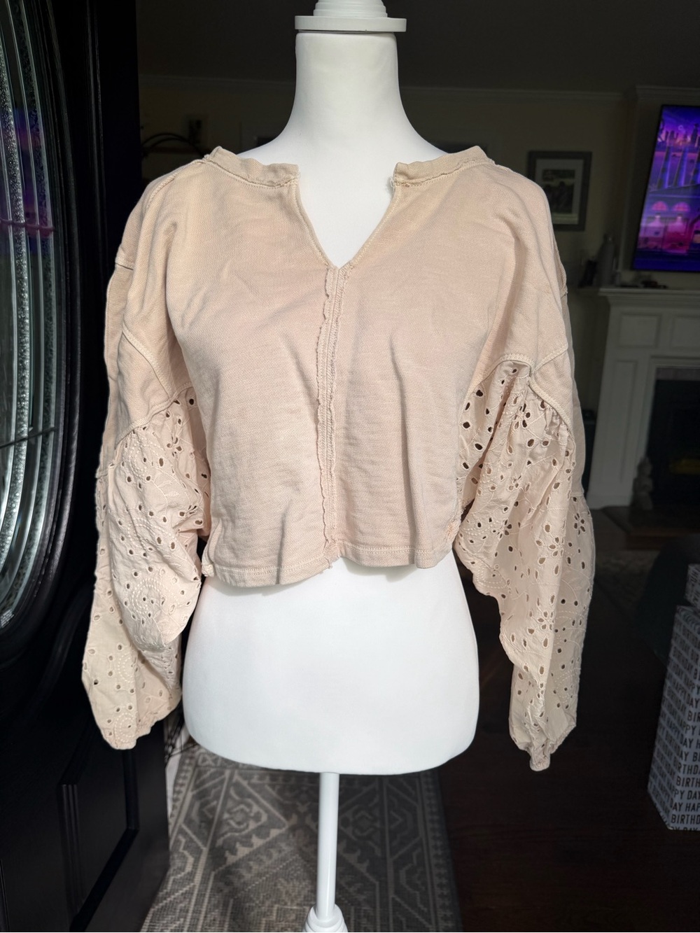 Pilcro Cream Eyelet-Sleeve Cropped Hoodie
